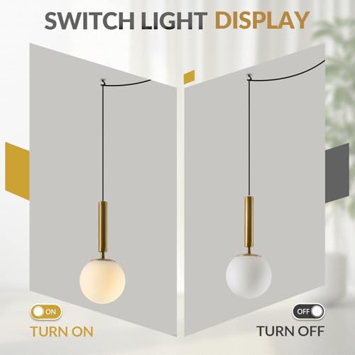 BOKT Mid Century Modern Large Gold Globe Hanging Pendant Light Plug in Brushed Brass White Glass Hanging Lamp Plug in Cord Minimalist Sphere Round Pendant Lighting (Gold-Plug in) - color: 1-Gold-Plug In