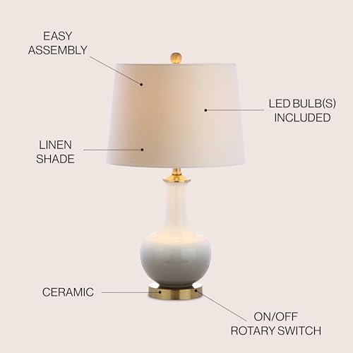 JONATHAN Y 25" White/Gray Gradient Ceramic Table Lamp, Brass Base LED Lamp for Bedside Nightstand Living Room, White Linen Drum Shade, Midcentury Decor (JYL3019B) - color: White/Grey