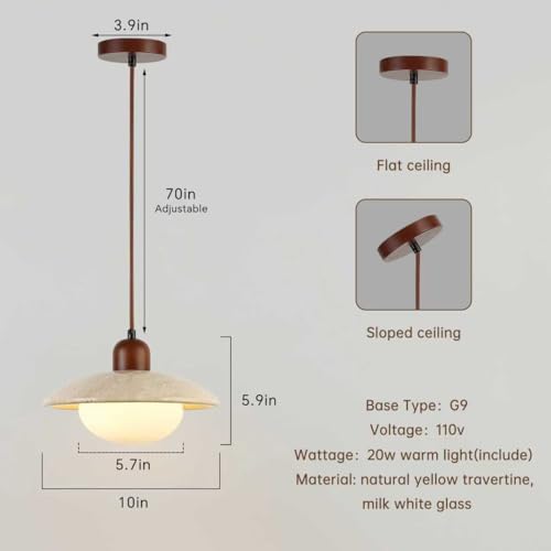 Pendant Lights Kitchen Island Wabi Sabi Lamp, Hanging Lighting Fixture Natural Stone Shade Chandelier, Japandi Style 20W Yellow Travertine Cave Hanging Lights for Bedroom Dining Living Room Hallway - color: Yellow, size: Travertine-10in