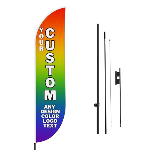 Custom Feather Flag by DreamController, Personalized Swooper Flag with Photo, Text or Logo, 11.5x2.5 FT Single-Sided HD Print, Optional Add-On 15 FT Pole Kit & Ground Spike, Made in USA, Fast Delivery - color: Feather Flag +/– Ground Spike Kit Custom