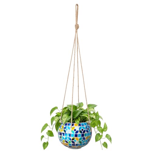Ceramic Hanging Planter Mosaic Hanging Flower Pot Small Plant Pot for Indoor Plant Garden Decor Disco Ball Planter with Drainage Square Blue - color: Blue
