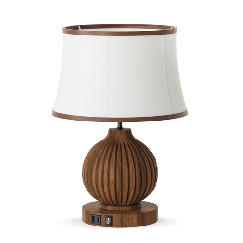 JESLED 18" Vintage Walnut Wooden Table Lamp for Living Room,Farmhouse Rustic Bedside Lamp for Bedroom Room,Office, End Table Home Decor