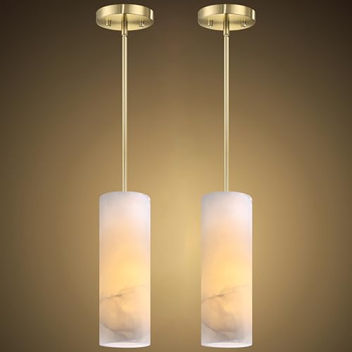 1 Light Hanging Natural Alabaster Marble 2 Pack Pendant Ceiling Light Fixture,Modern Industrial Farmhouse Kitchen Island Light Gold Finish Over Sink Restaurant bar Corridor - color: Gold 3.2" Marble, size: 2 Pack