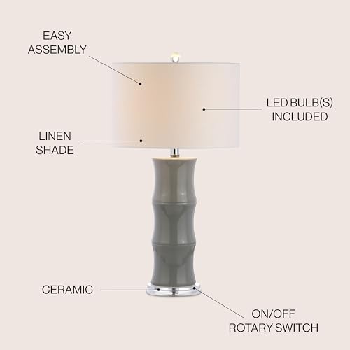 JONATHAN Y 26.5" Gray Ceramic Table Lamp for Living Room, Bedroom Nightstand, White Linen Drum Shade, Bamboo Design Modern Bedside Desk Lamp with LED Bulb Included (JYL3015B) - color: Gray