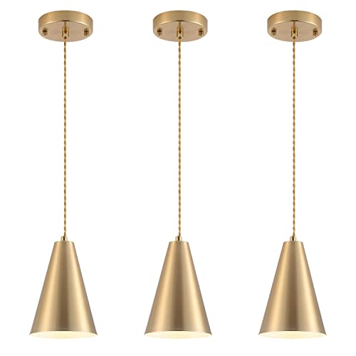 Gold Pendant Lights Kitchen Island,Dining Room Light Fixtures Over Table 3 Pack with Brushed Brass Cone Metal Shade, Modern Farmhouse Mini Chandeliers,Adjustable Cord Hanging Lighting for Bar,Sink - color: 3Pack Gold