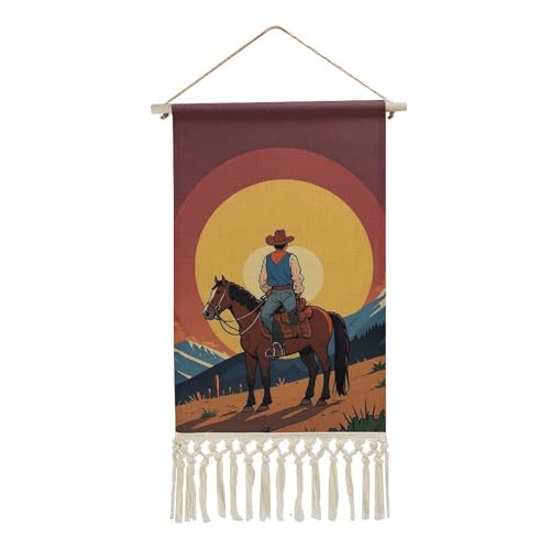 QMNBTES West Cowboy Wall Tapestry with Tassels Long Tapestry Wall Hanging Vertical Custom Tapestries Aesthetic Hanging Tapestries Boho Wall Art Decoration for Bedroom Living Room Dorm 19.6x10 Inch
