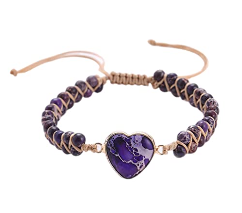 Women Boho Wrap Bracelet,Handmade Natural Stone Crystal Emperor Beads Heart Bracelet, Fashion Bohemian Jewelry Gift for Women - color: Purple Heart Stone