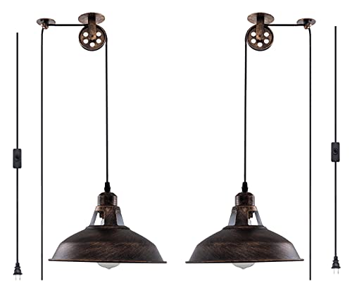 Plug in Pendant Light Industrial Pulley Pendant Lamp E26 Vintage Hanging Light Fixture With 16.4ft Cord On/Off Switch For Pool Table,Houseplant Grow lights,Kitchen Island,Sink 2 Pack Aged Bronze - color: Bronze