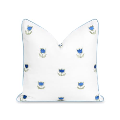 Hofdeco Premium Coastal Patio Indoor Outdoor Throw Pillow Cover Only, 20"x20" Water Repellent for Backyard, Couch, Baby Blue Green Embroidered Tulips Floral with Piping - color: Baby Blue Green Tulips Floral 20”x20”, size: 20" x 20" (Pack of 1)