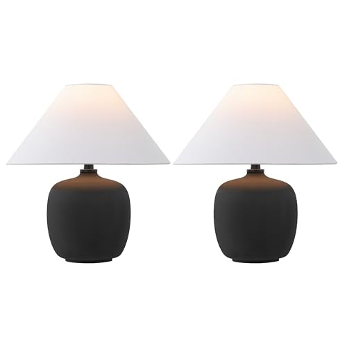 JONATHAN Y 18.25" Matte Black Minimalist Table Lamps Set of 2 for Bedroom, White Linen Shade, Modern Scandinavian Bedside Lamps for Living Room Nightstand, LED Bulbs Included JYL5600A-SET2 - color: Matte Black