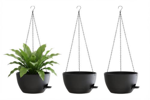 Hanging Planters, 3-Pack 10 Inch Self-Watering Pots with Drainage Holes and Chains, Matte Plastic Planters for Indoor/Outdoor Plant（Black） - color: Black, size: 10 inches