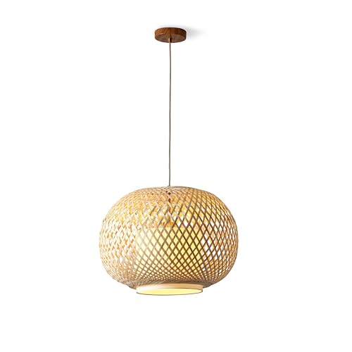 FOS -Modern Bohemian Natural Woven Bamboo + Linen Pendant Light, Dimmable, and Decorative Brushed Brass Components - Perfect for Ambient Lighting in Bed Room, Dining Room, Living Room - color: Fos -1 Light