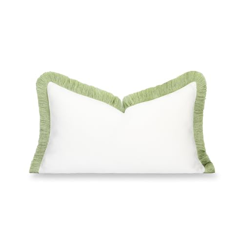 Hofdeco Premium Grandmillennial Coastal Hampton Patio Indoor Outdoor Lumbar Pillow Cover Only, 12"x20" Water Repellent for Backyard, Couch, Poolside, White Grass Green Solid - color: White Grass Green Solid 12"x20"