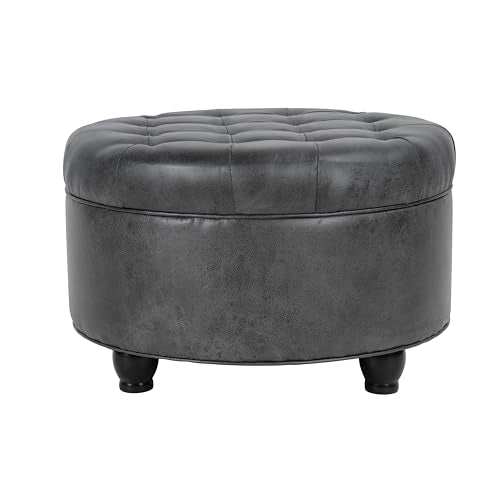 HomePop 25" Button Tufted Round Storage Ottoman - Gray Faux Leather - color: Grey