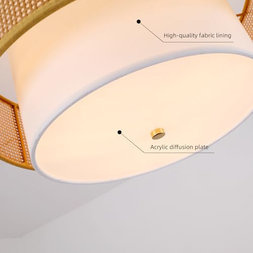 17.7" Gold Bohemian Wicker Flush Mount Ceiling Light, Hand-Woven Double Layer Drum Semi-Flush Fixture for Bedroom, Living Room, Dining Room, Hallway & Kitchen - color: 17.7'' Rattan&Fabric Gold