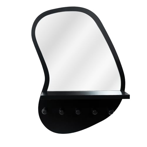 SANY DAYO HOME Wall Mount Wood Frame Irregular Mirror with 5 Wooden Hooks and Shelf, Modern Decorative Hanging Mirror for Entryway, Bedroom, Living Room (16″ x 12″, Black) - color: Black