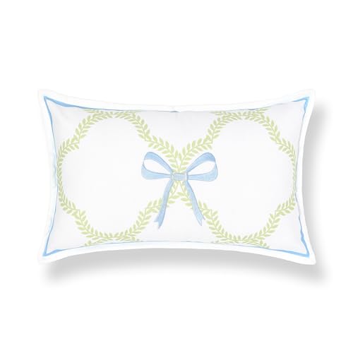 Hofdeco Premium Coastal Grandmillennial Patio Indoor Outdoor Lumbar Pillow Cover Only, 12"x20" Water Repellent for Backyard, Couch, Poolside, Grass Green Embroidered Ribbon Bow Tie on Leaves - color: Grass Green Ribbon Bow Tie on Leaves 12"x20"