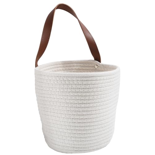 7.1 x 9.8 x 4.7 Inch Hanging Woven Basket Cotton Wall Basket with Handle White Rope Multifunction Macrame Closet Shelf Organizing Storage Wall Mounted Bin for Kitchen Room Fruit Plants Towels