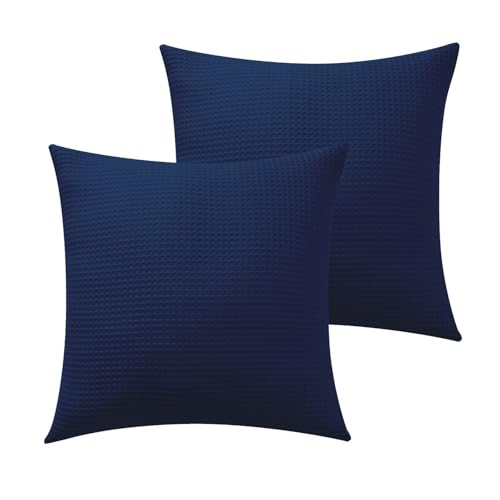 100% Cotton Waffle Weave Throw Pillow Covers Set of 2, 600TC Solid Reverse Side, Hidden Zipper Closure, Skin-Friendly & Durable Decorative Euro Shams for Couch Sofa Bed, Navy Blue, 20"x20" - color: Navy Blue, size: 20" x 20" (Pack of 2)