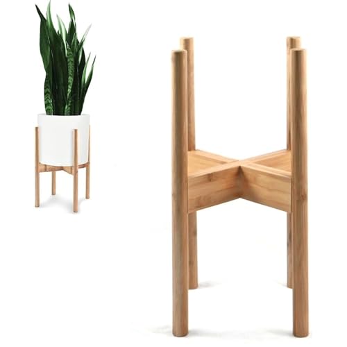 Fox & Fern Adjustable Plant Stand Indoor — 8 to 12 Inch Mid Century Bamboo Plant Stand with Adjustable Width - Plug In Design - Easy to Assemble - Two Heights - For 8, 9, 10, 11 & 12 Inch Pots - color: Polished Bamboo - Tall, size: 8 - 12 Inch - Adjustabl