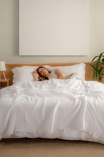 Muslin Blanket - Pure 100% Turkish Cotton Airy Soft Light Versatile Gauze Throw Blanket for Bed, Couch, Sofa (White, Queen XL Size (95" x 95" inch)) - color: White, size: Queen XL Size ( 95" x 95" inch )