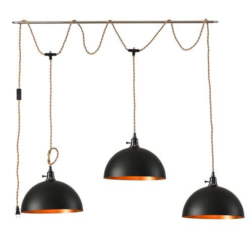 3-Light Hanging Light with Plug in Cord,Plug in Pendant Light 22ft Hemp Rope Pendant Lighting Vintage 3-Light Hanging Lamp Fixtures for Kitchen Island Living Room Bedroom - color: 3 Light 11.8IN Pendant Light
