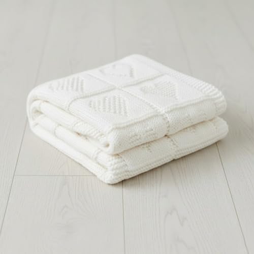 Baby Knit Cotton Blanket White Heart Pattern Soft Breathable Throw for Crib Or Stroller Nursery Gift Baby Shower Birthday Christmas Size 30x30 - color: White, size: 30"x30"