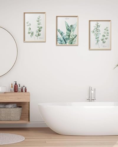 Framed Wall Art,Minimalist Botanical Canvas Wall Art for Living Room,12x16in Plant Wood High-Framed Design Flower Green Eucalyptus Leaf Artworks Prints Poster for Bathroom,Bedroom Set of 3 - color: Flower, size: 16"L x 12"W