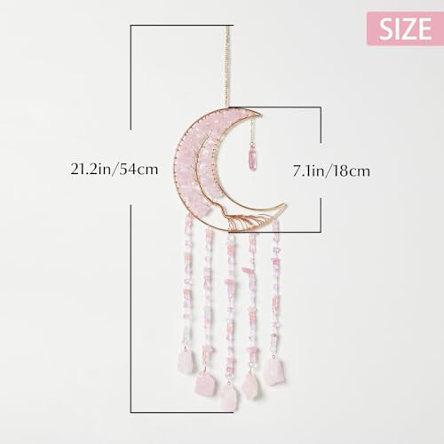 Fairy Pink Quartz Gemstone Dream Catcher 7 Chakras Tree of Life Moon Dream Catcher with Healing Crystal Stones Handmade Dreamcatcher Wall Decor for Adults Boys Girls,Bedroom,Wedding,Garden,Bless Gift - color: Fairy Pink Crystal