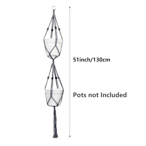 Belit 2 Pack Double Macrame Plant Hangers 2 Tier Hanging Planter Basket Decorative Flower Pot Holder Rope for Indoor Outdoor Home Decor 51 Inch, Grey - color: Gray, size: 51"- 2 Tier