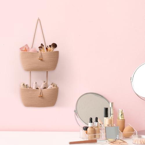 TeoKJ 3-Tier Cotton Rope Baskets with Button Strap Over the Door Wall Hanging Baskets for Nursery, Living Room, Bathroom, Door Storage Organizer for Decoration-Jute - color: Jute, style: 3 tier+Button