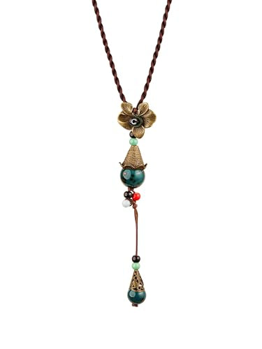 MINACHI Vintage Bohemian Colorful Ceramic Bead Antique Flower Y Necklace, Vintage Boho Hippie Statement Jewelry Gift for Women - color: S01C