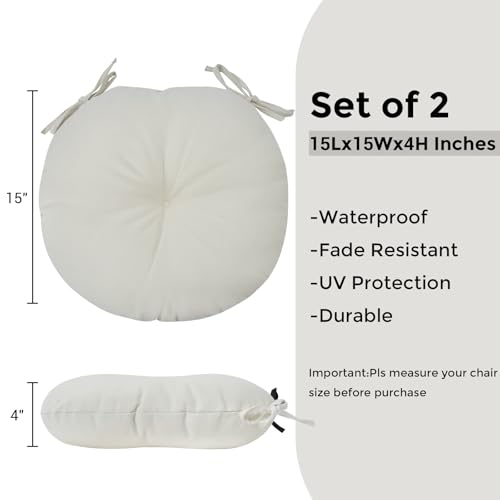 Bistro Chair Cushions 15 inch,Set of 2,Tufted Round Chair Cushions with Ties,15"x15"x4",Water Resistant Round Seat Cushion for Barstool Chairs,Patio Garden Kitchen Outdoor Furniture(Cream White) - color: Cream White, size: 15"x15"