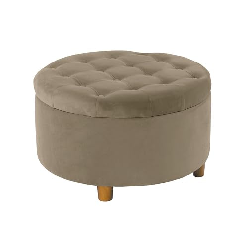HomePop 28" Button Tufted Velvet Round Storage Ottoman - Fawn Velvet - color: Fawn Velvet