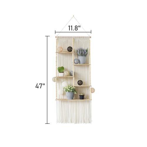 Flber Macrame Wall Hanging Shelf Boho Wall Decor Home 2 Tier Hanger Shelves Braided with Tassels Shelves Organizer for Kitchen, Bedroom, Home Storage, Floating Plant Shelf (Wood) - color: Ivory2