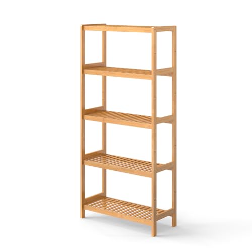 kinbor 5-Tier Bamboo Bathroon Shelf - Multifunctional Bamboo Rack Storage Shelving Rack Utility Shelf for Bathroom Kitchen Living Room - size: 5-Tier