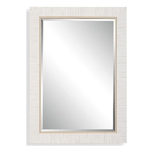 BOWERY HILL Contemporary Glass Mirror, 35" H x 25" W x 1.65" D, Whitewashed Rattan-Look Frame, 1" Bevel Accent Mirror for Coastal Style Bathroom or Home Decor
