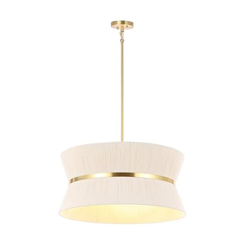 SAFAVIEH Lighting Collection – Alma Bleached Natural Rattan & Brass Gold 4-Light Adjustable Chandelier, Contemporary Glam Hanging Ceiling Fixture with LED Bulbs Included (CHA4037A)
