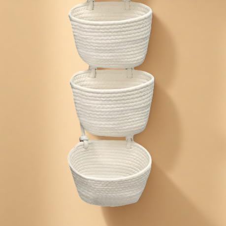 2 Pcs 3-Tier Woven Cotton Hanging Basket, Wall Mounted Storage Organizer, Boho New Home Basket, Over The Door Organizer for Bathroom, Bedroom, and Closet Organization