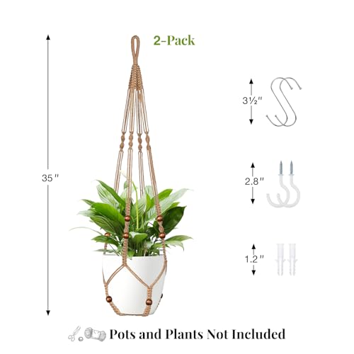 LEWESU Jute Macrame Plant Hanger Indoor Set of 2 Hanging Planter Basket Flower Pot Holder with Decorative Wood Beads & No Tassels for Indoor Outdoor Boho Home Decor, 35 Inch Brown (Pots Not Included) - color: Brown, size: 35" Set of 2