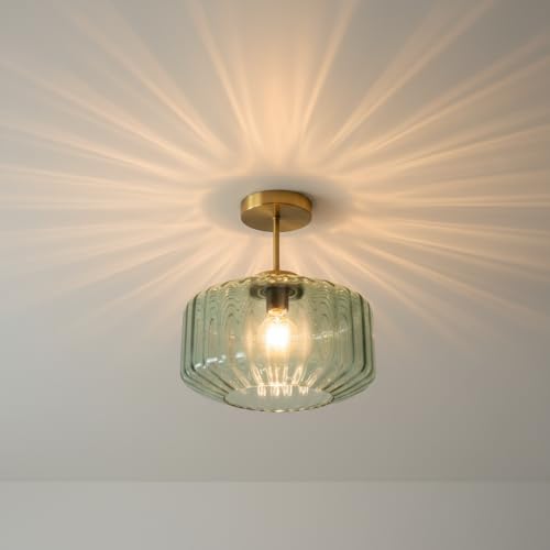 Sage Green Ribbed Glass Semi-Flush Mount Ceiling Light, 11.02" Modern Close to Ceiling Lamp, Gold Ceiling Light Fixture for Kitchen Bathroom Hallway - color: Mint Green, 1-Light