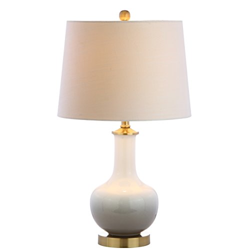 JONATHAN Y 25" White/Gray Gradient Ceramic Table Lamp, Brass Base LED Lamp for Bedside Nightstand Living Room, White Linen Drum Shade, Midcentury Decor (JYL3019B) - color: White/Grey
