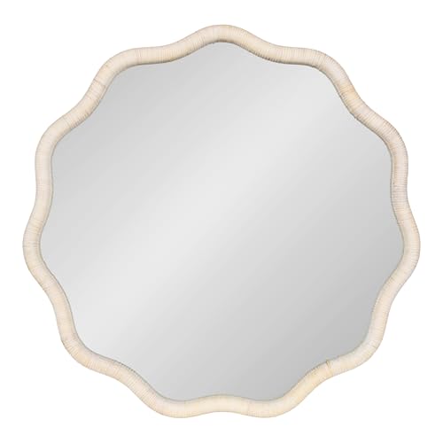Kate and Laurel Rahfy Boho Scalloped Round Rattan Mirror, 32 Inch Diameter, White, Decorative Round Wavy Mirror with Authentic Rattan Frame for Boho Wall Decor