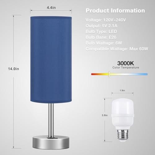 Dicoool Navy Blue Touch Lamp for Boys - Small Nightstand Lamp with USB-C and USB Charging Ports, 3 Way Dimmable Bedside Table Lamp with Fabric Shade Silver Base for Nursery, Dorm, Office, Reading - color: Blue-Silver Metal, size: 14in