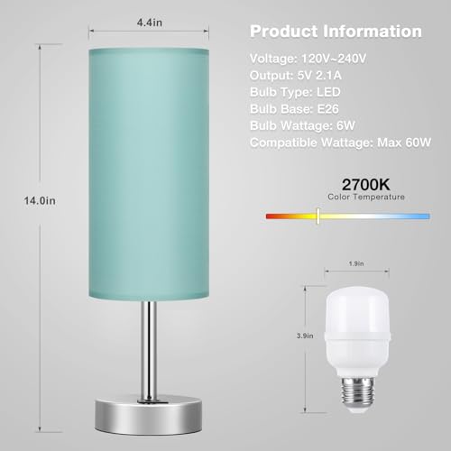 Dicoool Teal Touch Bedside Lamps for Bedroom - Small Coastal Nightstand Lamp with USB-C and USB A Charging Ports, 3 Way Dimmable Control Table Lamp for Office, Dorm with Fabric Shade Silver Base - color: Teal-Silver Metal, size: 14in