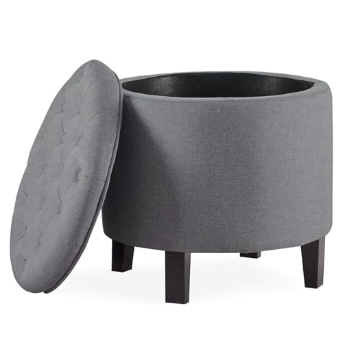 BELLEZE Modern Tufted Accent Storage Ottoman, Small Upholstered Button Circle Pouf Footstool with Lift Top, for Bedroom Living Room Vanity - Gray - color: Grey