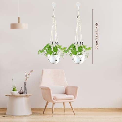 Macrame Plant Hanger Indoor Hanging Planter Basket with Wood Beads Decorative Flower Pot Holder No Tassels for Indoor Outdoor Boho Home Decor 35 Inch, Ivory (Pots Not Included) - style: Style2-1 Pack