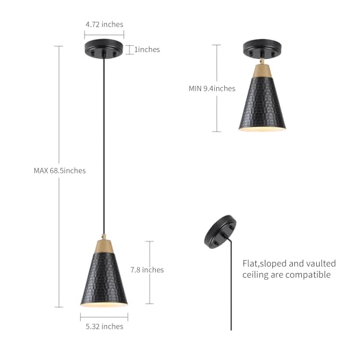 Dijiahua Black Kitchen Pendant Lighting Over Island 3 Pack,Small Modern Farmhouse Chandeliers with Hammered Metal Cone Shade,Mini Industrial Adjustable Cord Hanging Ceiling Lamp Fixtures Over Sink - color: Black and Wood