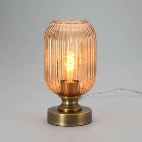 Mid Century Glass Table Lamp,Dimmable Desk Lamp,LED Bulb Included,Touch Control & USB A+C Port,Cognac Amber Ribbed Glass - color: Amber Ribbed, size: USB + Touch