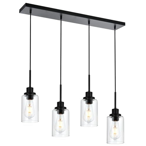 Black Pendant Light Fixtures with Clear Glass, 4-Lights Adjustable Height Hanging Ceiling Lights, Kitchen Island Lighting for Living Room Office Bar Farmhouse - color: Black, size: 4-Light